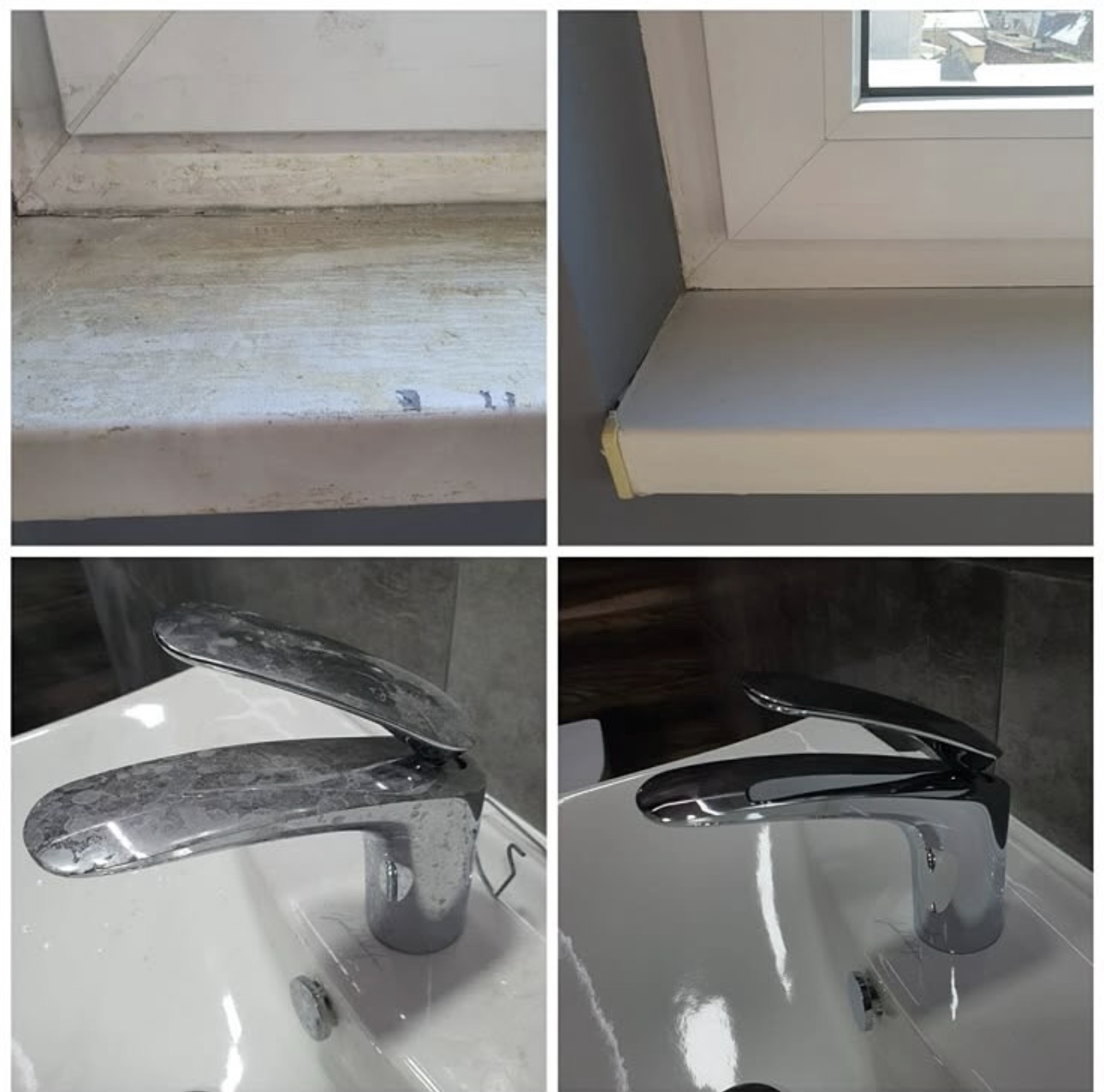 Fensterbank und Armatur vorher und nachher gereinigt