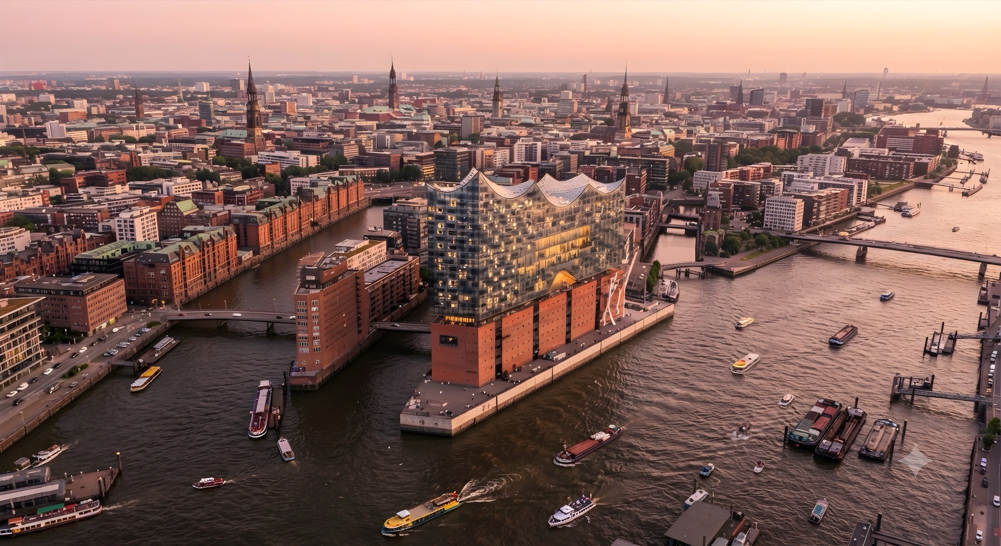Elbphilharmonie und Speicherstadt Hamburg im Abendlicht